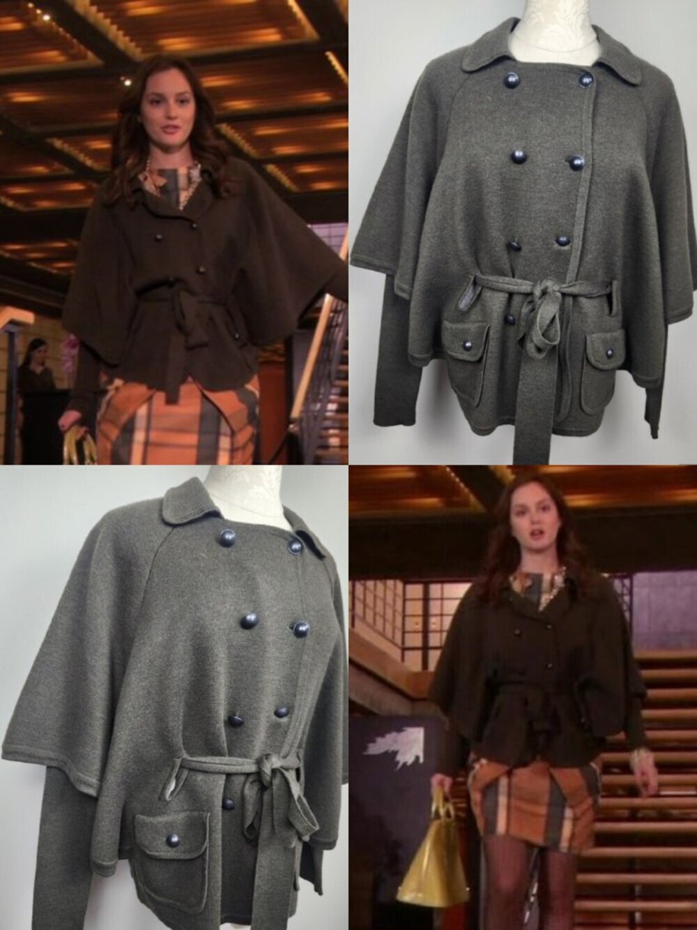 ASO Blair Waldorf Gossip Girl Olive Green Wool Cardigan Caplet Size M As Seen On